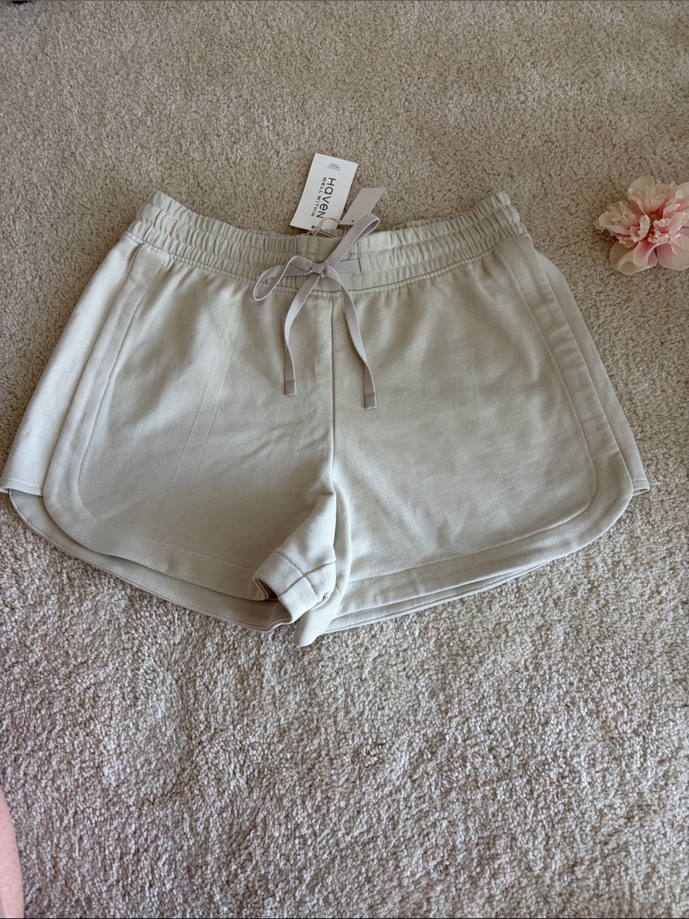 Women's nude, high-waisted, minimalist Drawstring Shorts, S, NWT